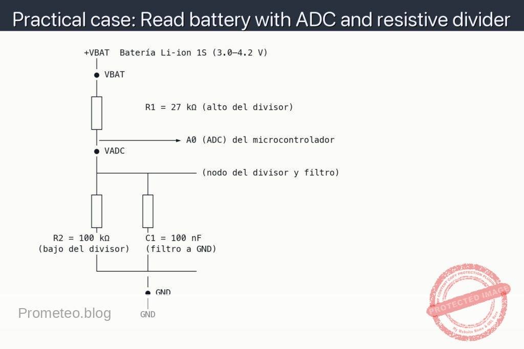 Esquemático — Practical case: Read battery with ADC and resistive divider