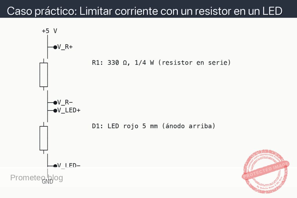 Esquemático — Caso práctico: Limitar corriente con un resistor en un LED