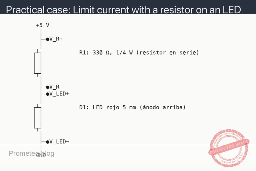 Esquemático — Practical case: Limit current with a resistor on an LED