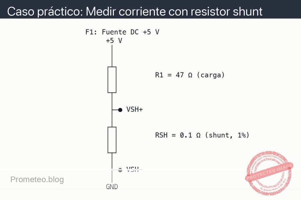Esquemático — Caso práctico: Medir corriente con resistor shunt