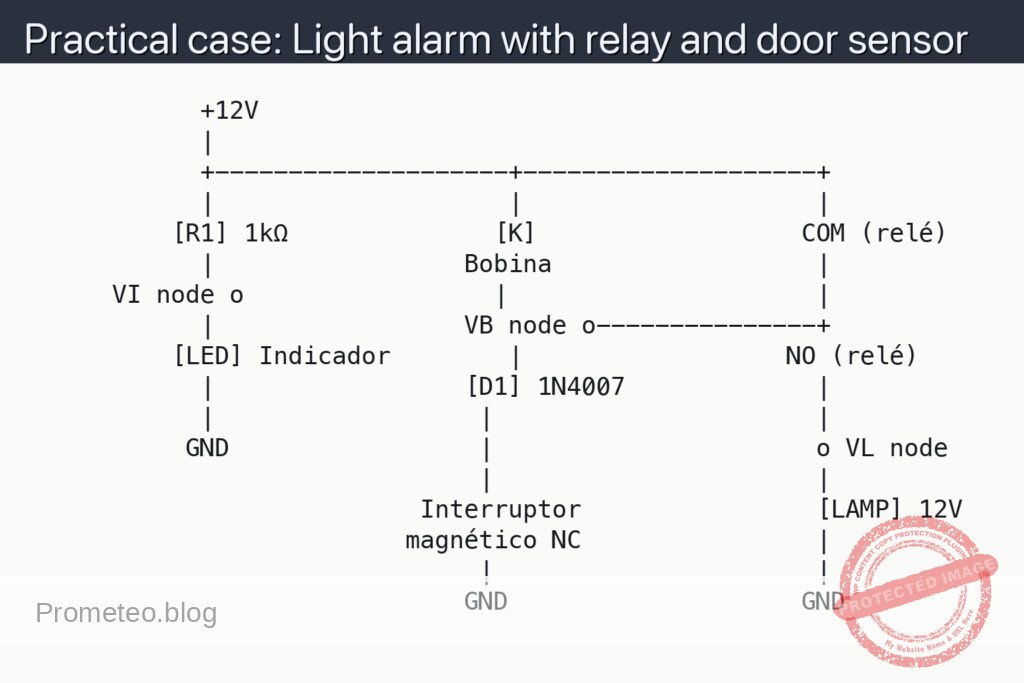 Schematic — Practical case: Light alarm with relay and door sensor