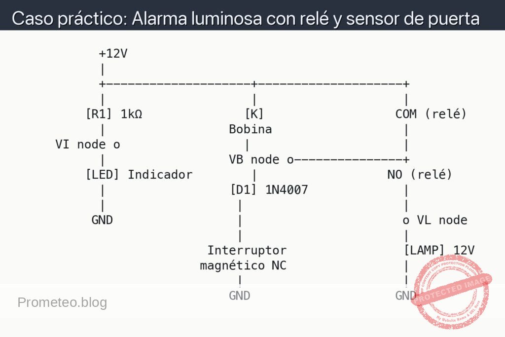 Esquemático — Caso práctico: Alarma luminosa con relé y sensor de puerta