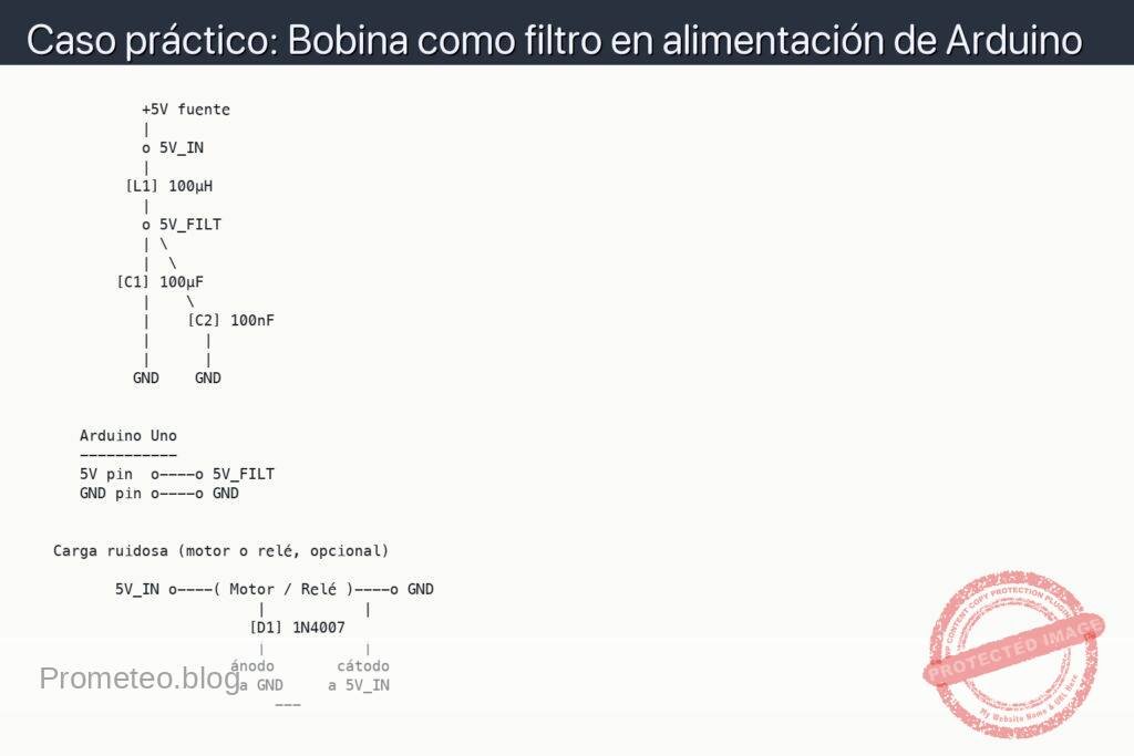 Esquemático — Caso práctico: Bobina como filtro en alimentación de Arduino