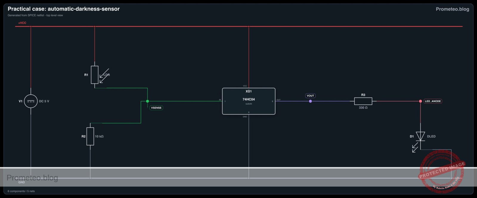 Diagrama electrico del caso: Caso práctico: Sensor de oscuridad automático