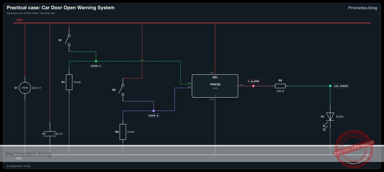 Electrical diagram for case: Practical case: Car Door Open Warning System