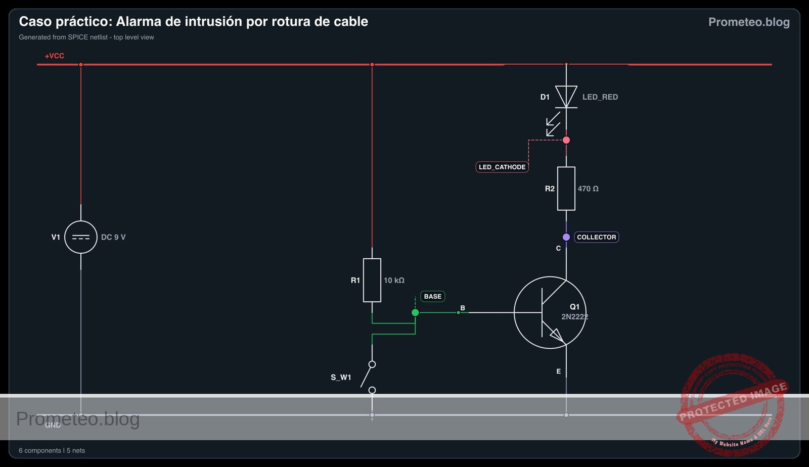 Diagrama eléctrico del caso: Alarma de intrusión por rotura de cable