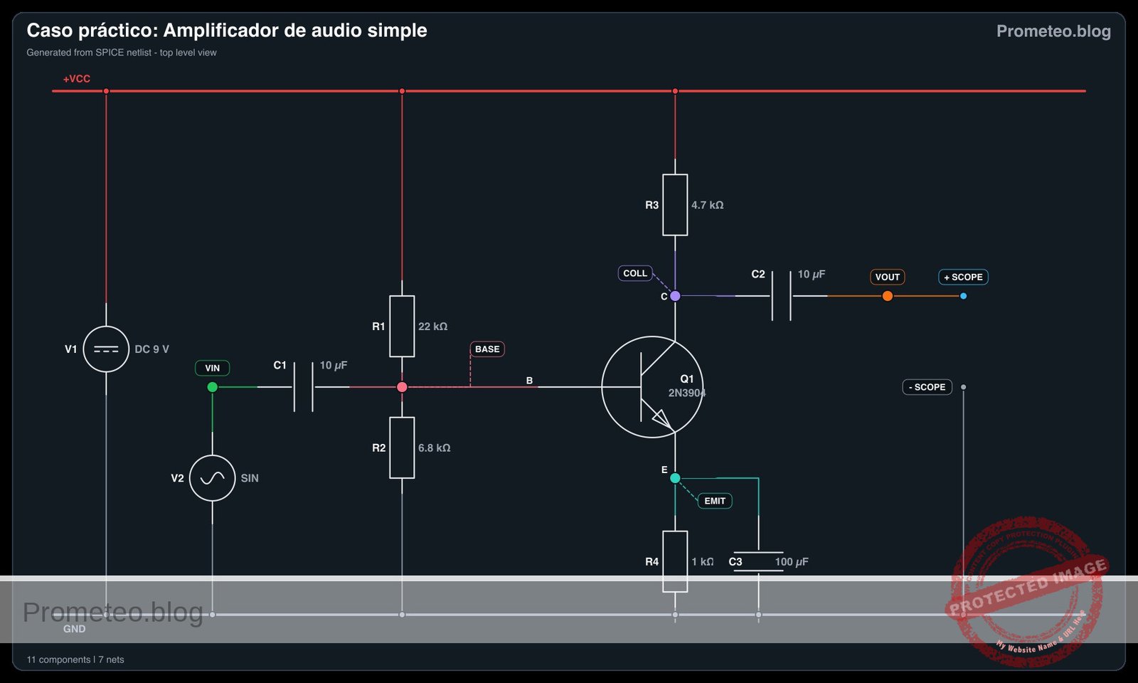 Diagrama eléctrico del caso: Amplificador de audio simple