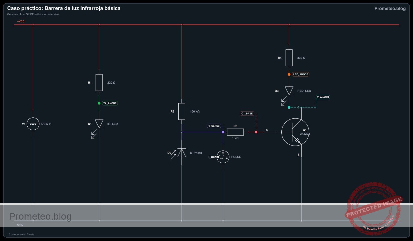 Diagrama eléctrico del caso: Barrera de luz infrarroja básica