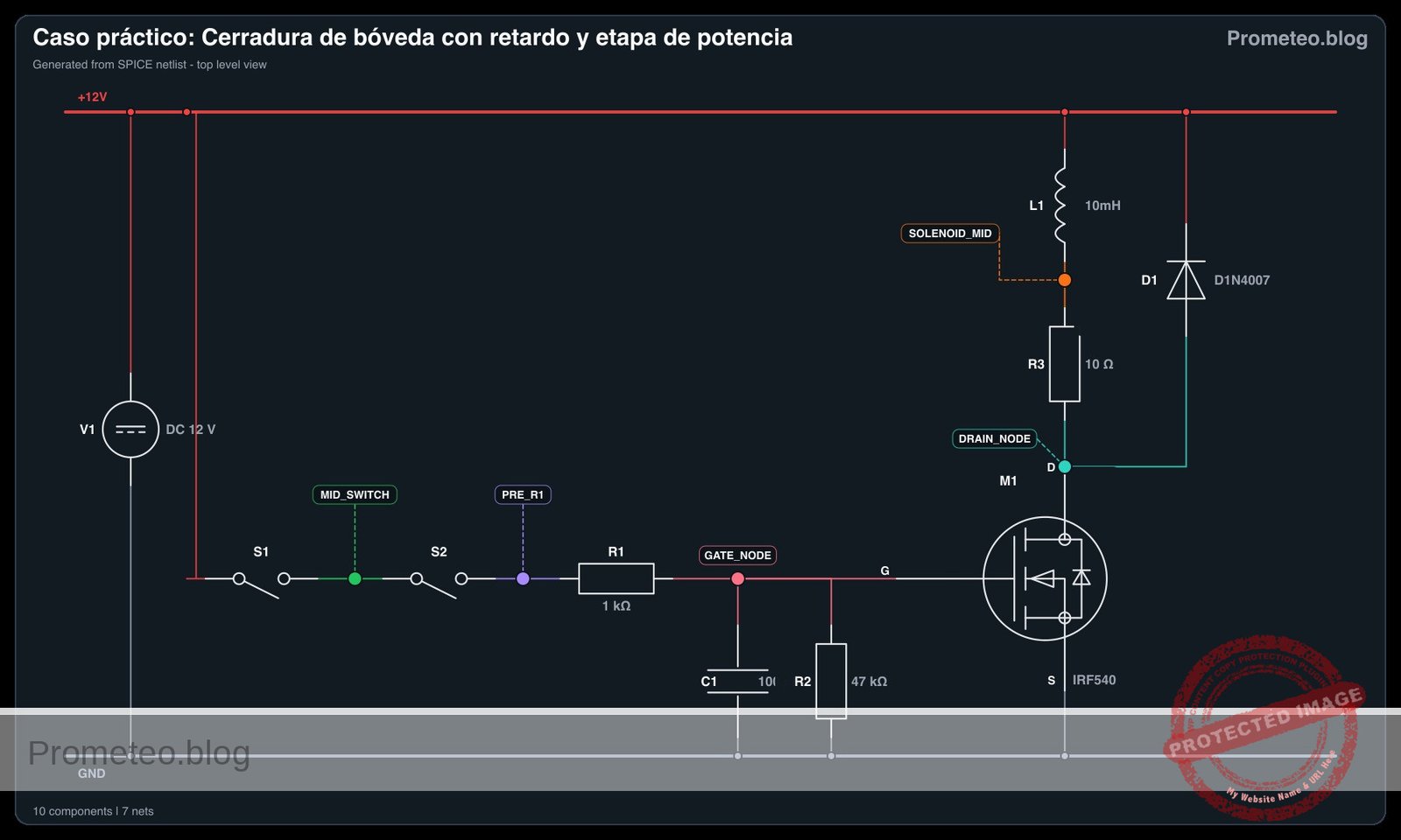 Diagrama eléctrico del caso: Cerradura de bóveda con retardo y etapa de potencia