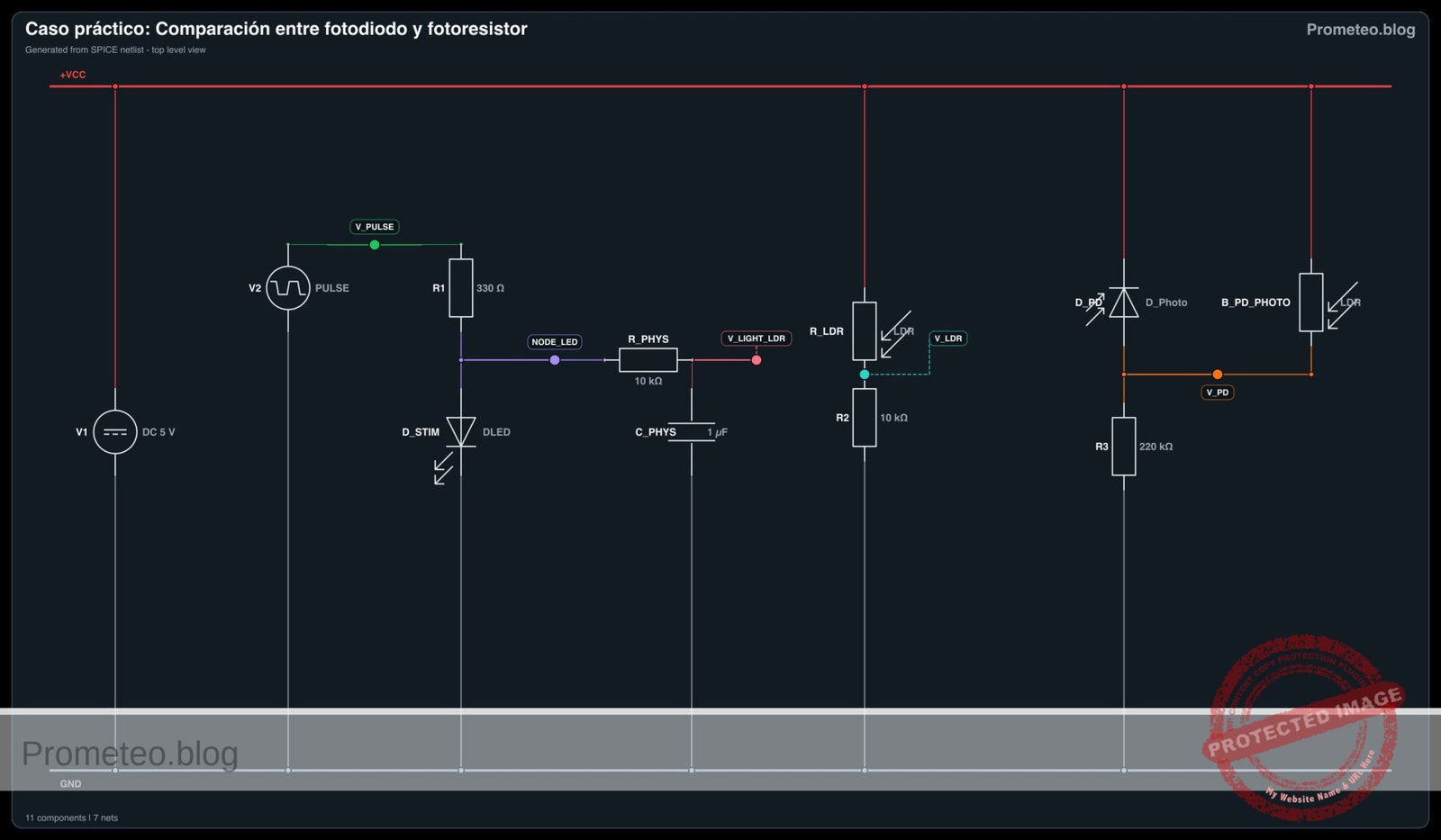 Diagrama electrico del caso: Caso práctico: Comparación entre fotodiodo y fotorresistencia