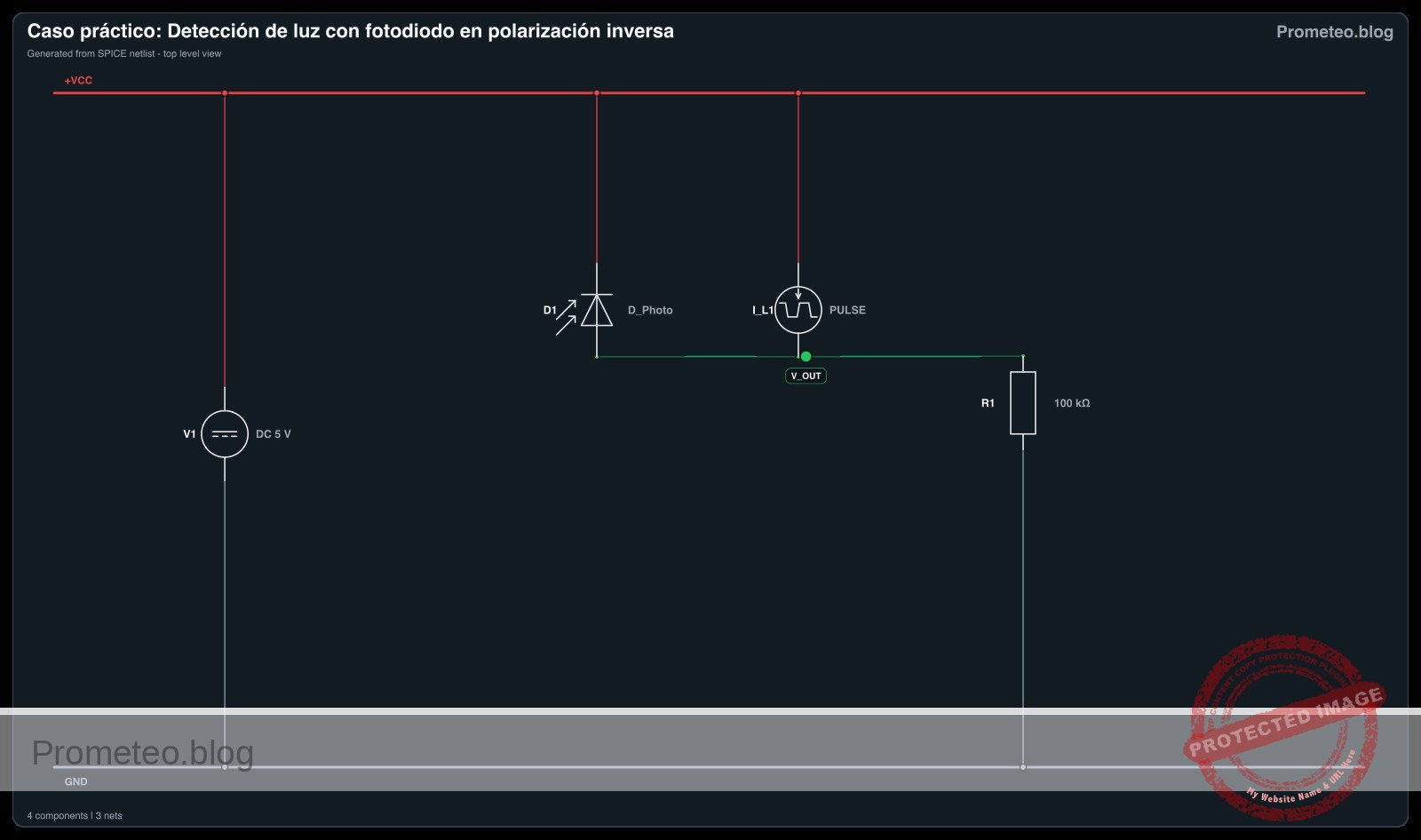 Diagrama eléctrico del caso: Detección de luz con fotodiodo en polarización inversa