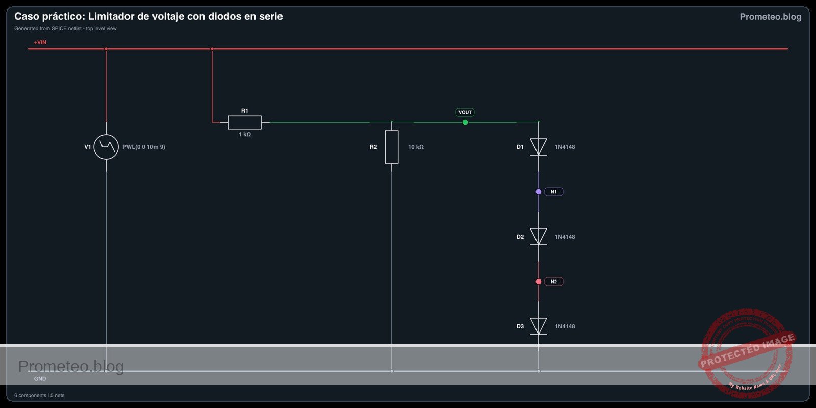 Diagrama eléctrico del caso práctico: Limitador de voltaje con diodos en serie