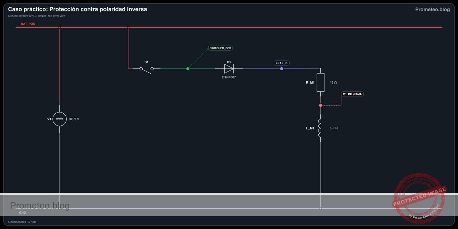 Diagrama eléctrico del caso: Protección contra polaridad inversa