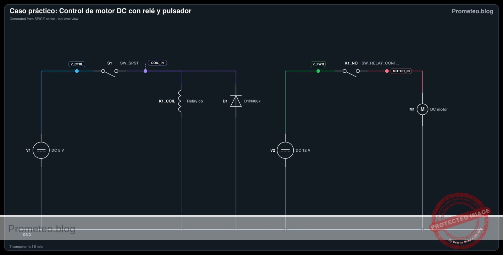 Diagrama electrico del caso: Control de motor DC con rele y pulsador