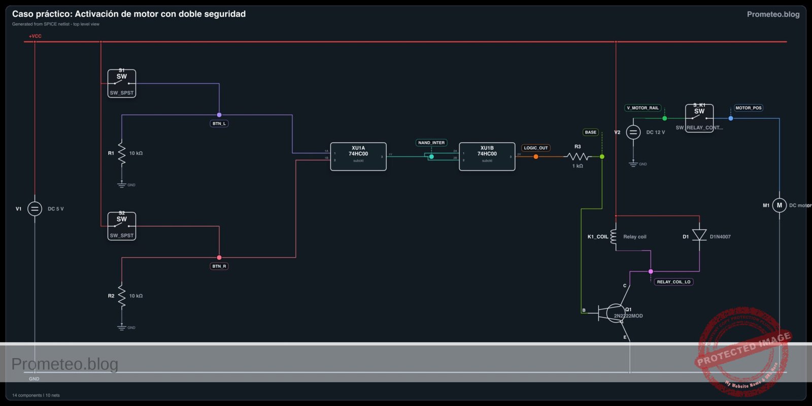 Diagrama eléctrico del caso: Activación de motor con doble seguridad