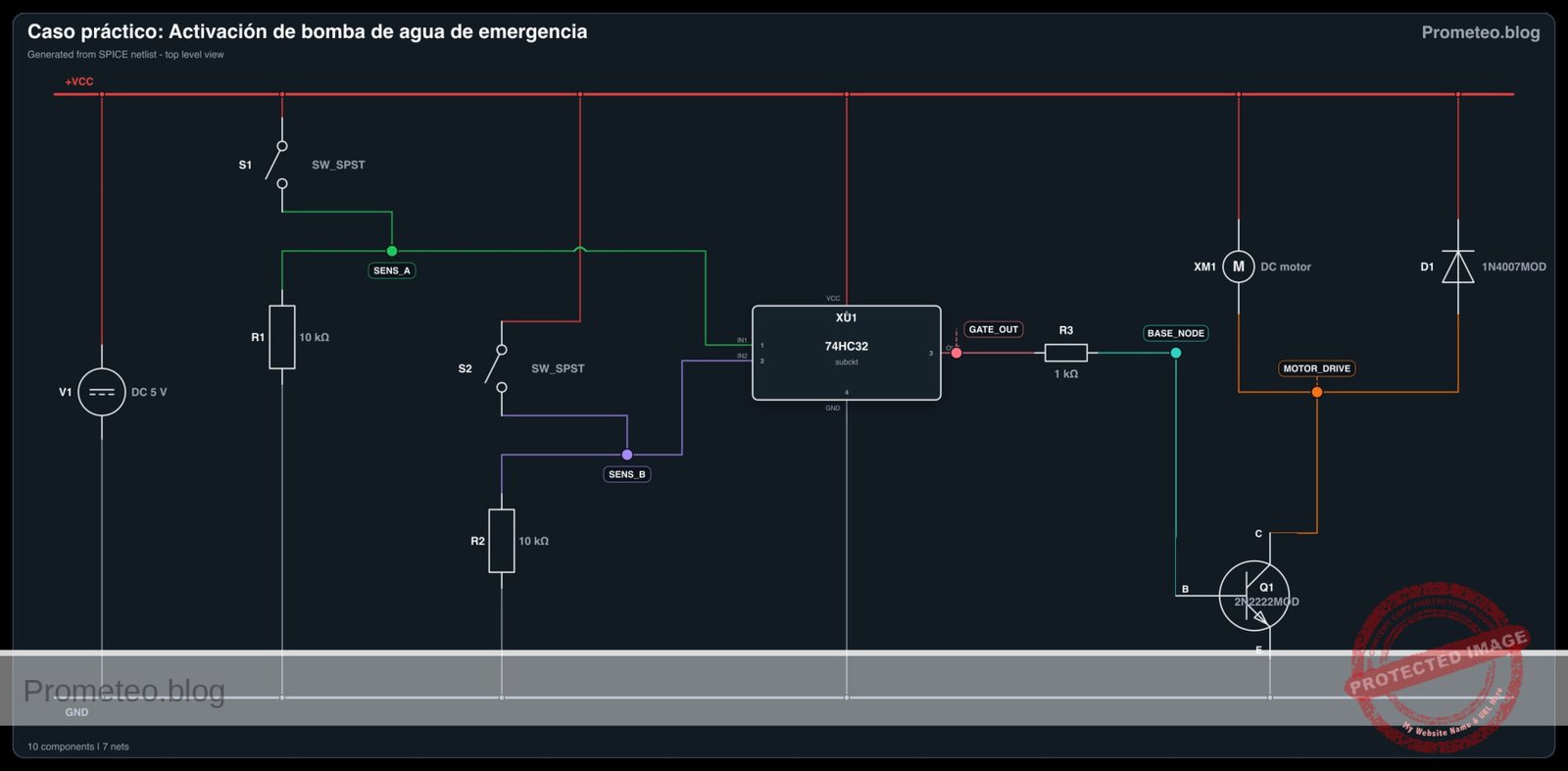 Diagrama eléctrico del caso: Activación de bomba de agua de emergencia