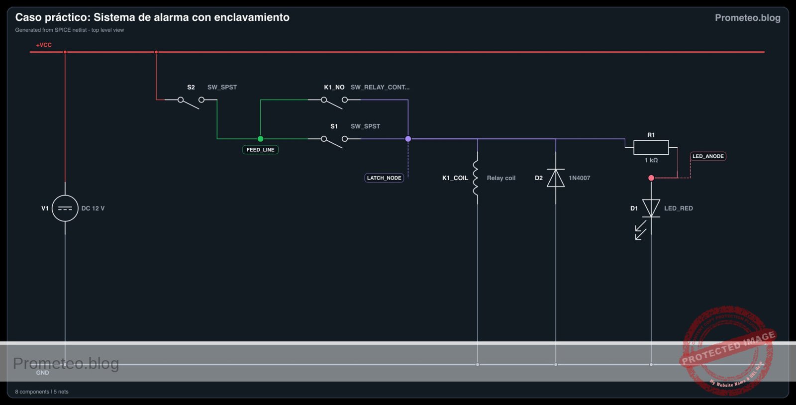 Diagrama electrico del caso: Sistema de alarma con enclavamiento