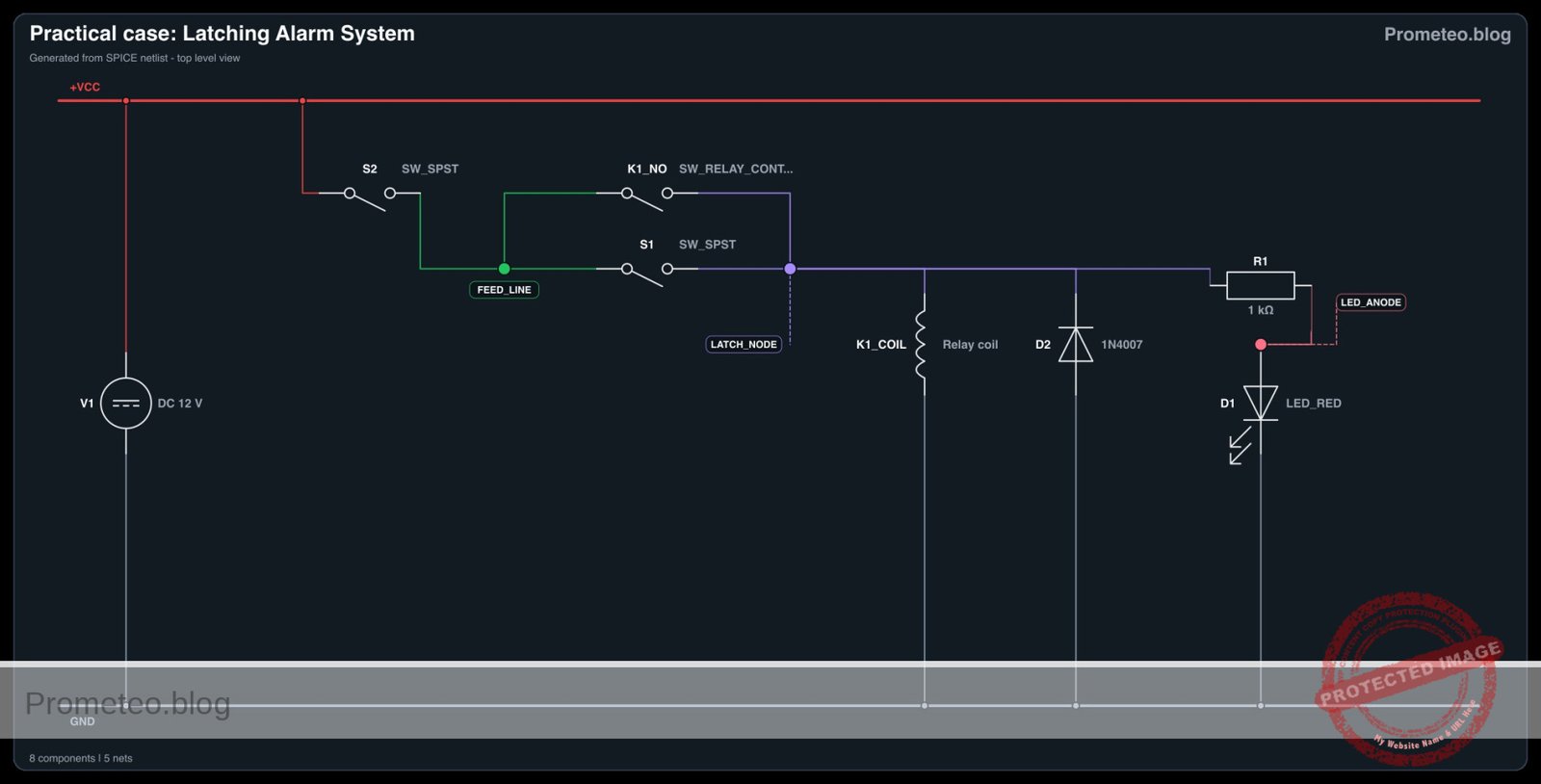 Electrical diagram for case: Latching alarm system