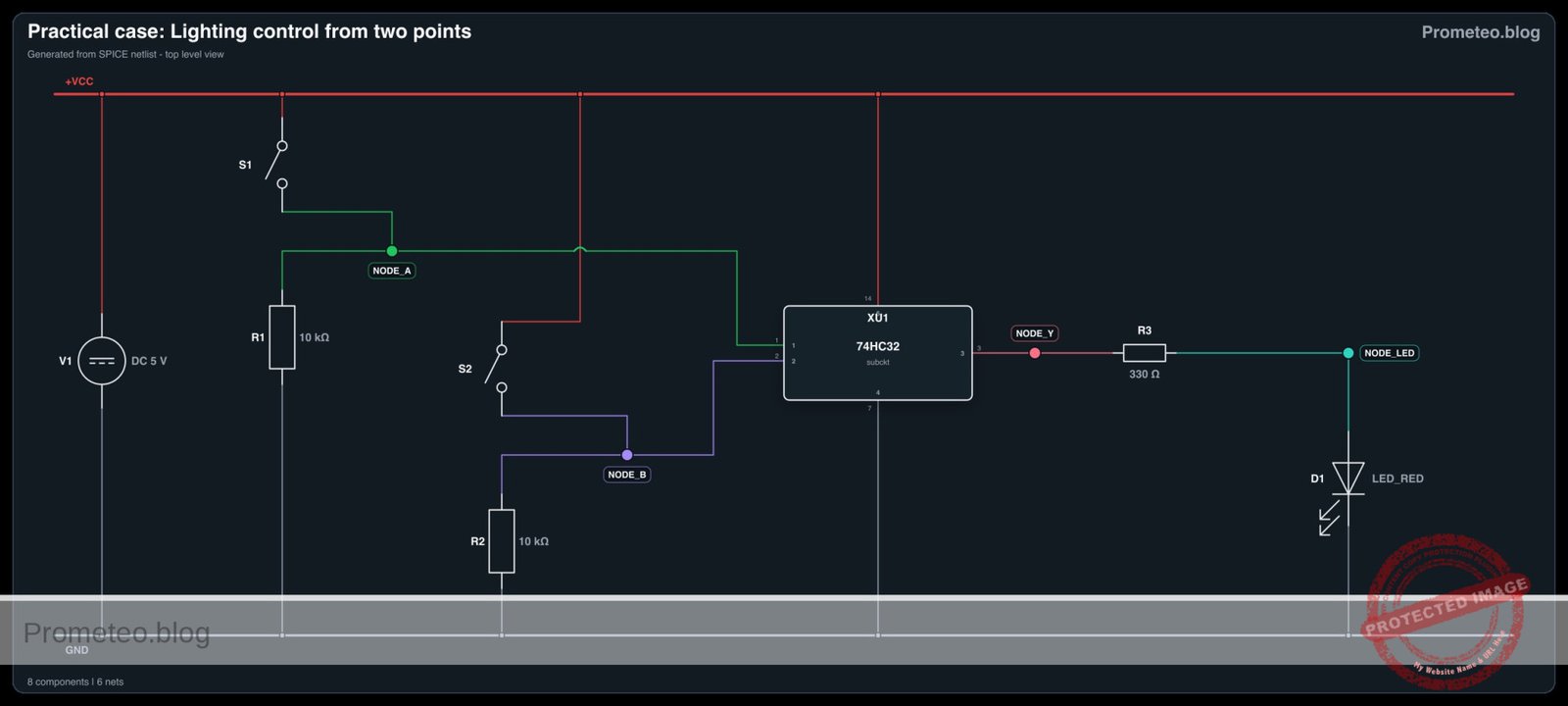 Electrical diagram for case: Practical case: Lighting control from two points