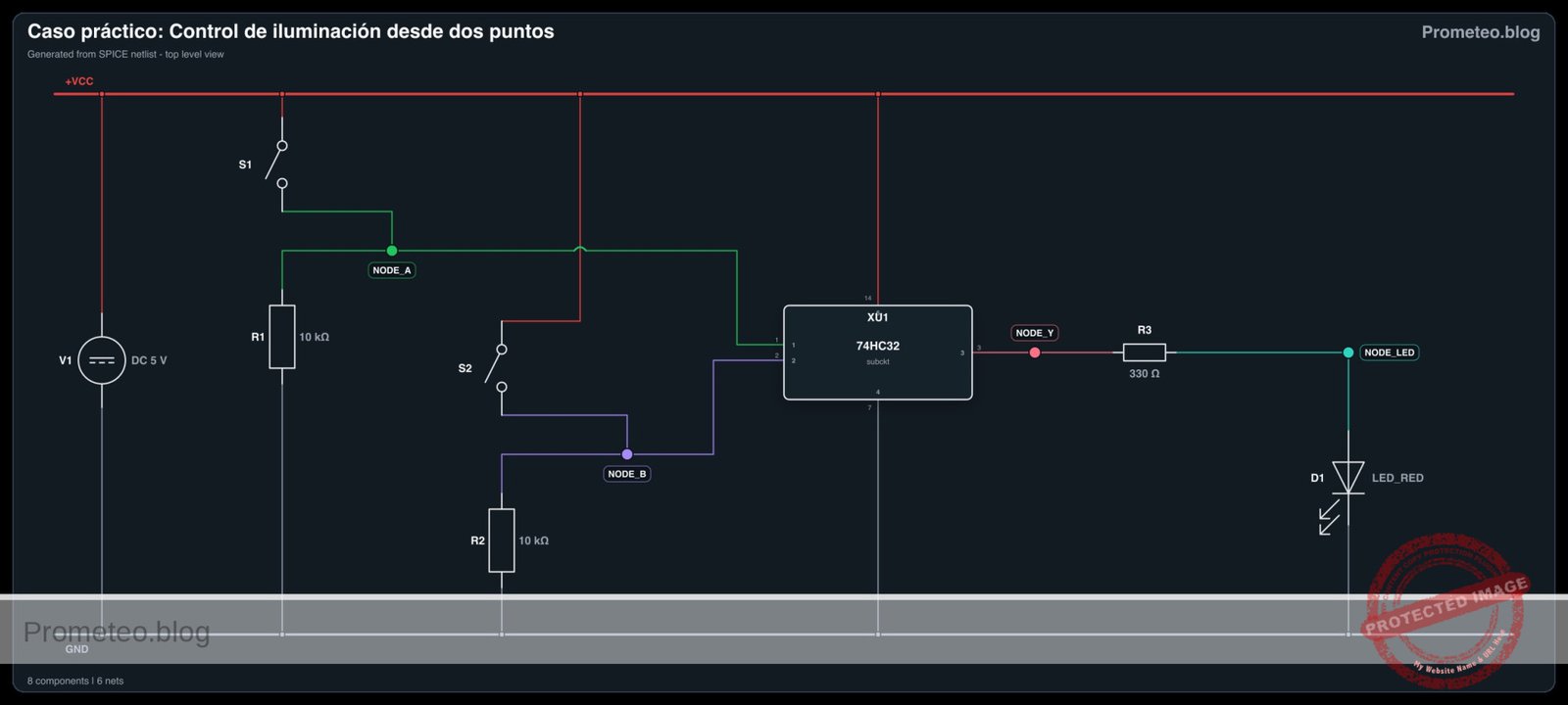 Diagrama eléctrico del caso: Control de iluminación desde dos puntos