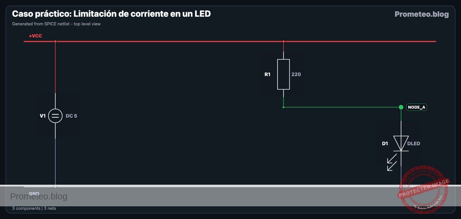 Diagrama eléctrico de limitación de corriente en un LED