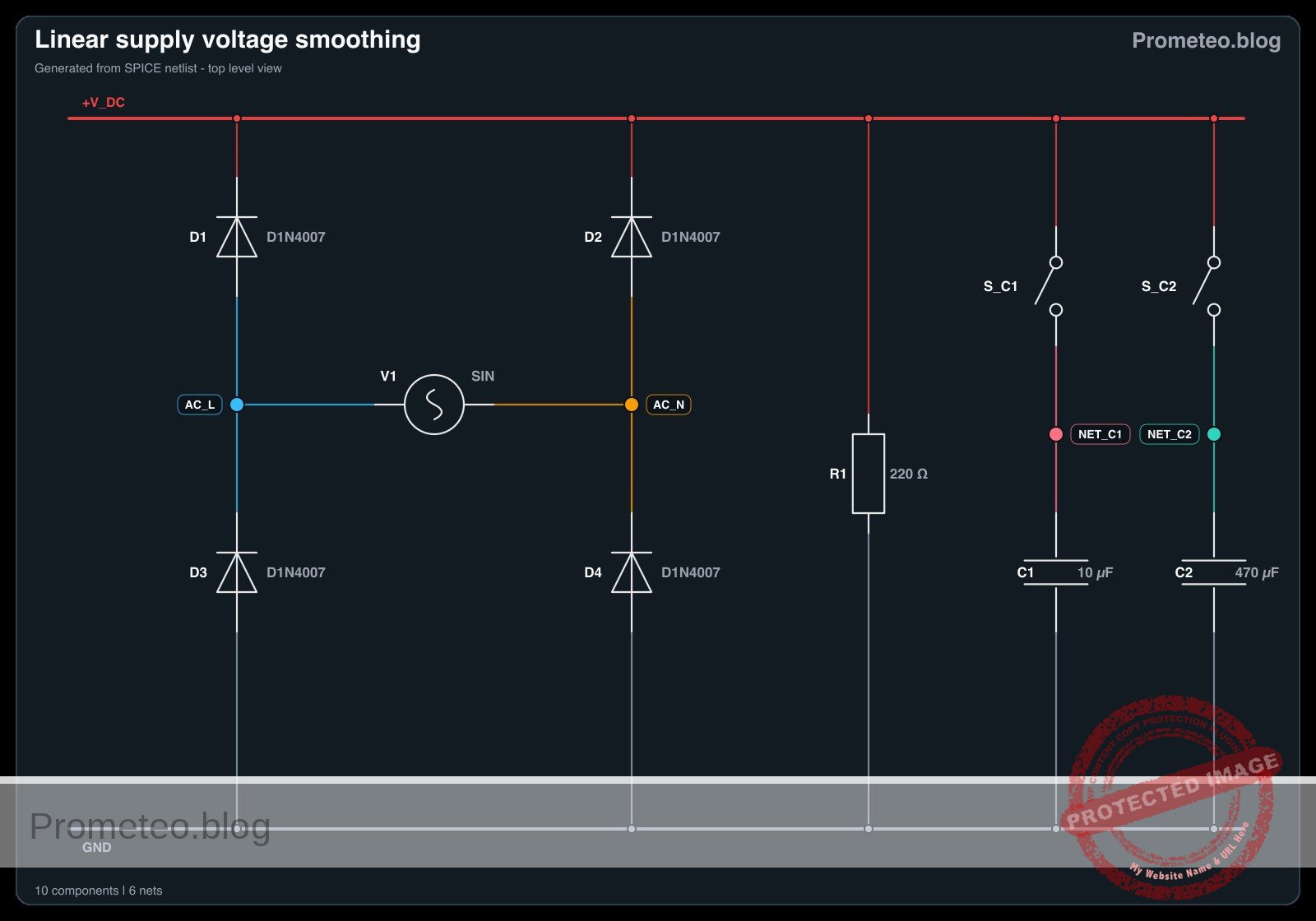 Diagrama electrico del caso: Suavizado de voltaje en fuente lineal