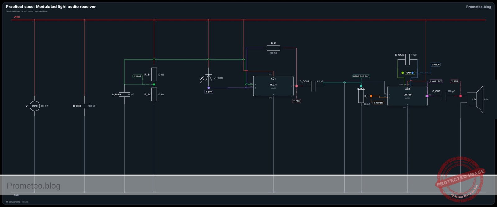 Electrical diagram for modulated light audio receiver