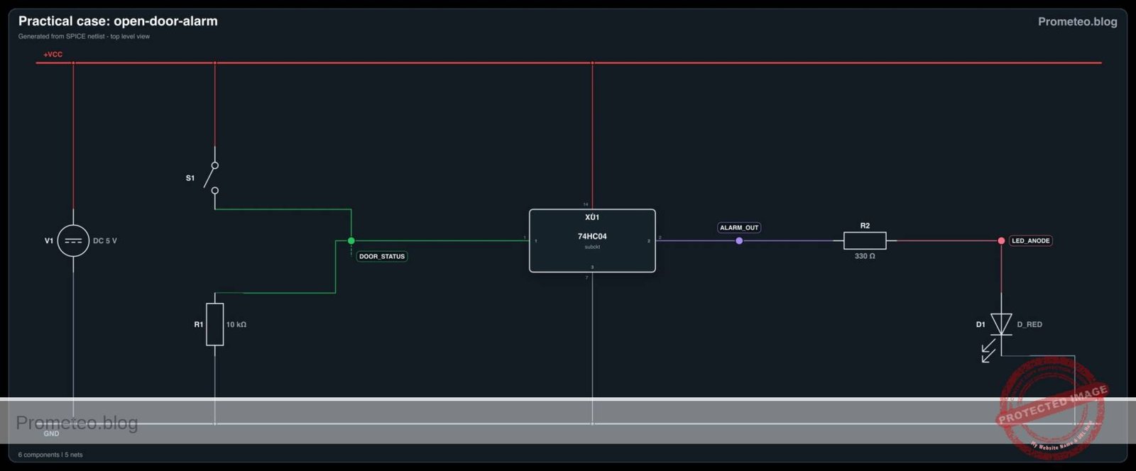 Diagrama electrico del caso: Caso práctico: Alarma de puerta abierta