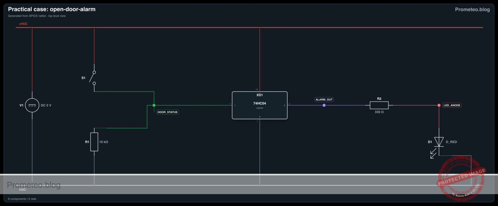 Electrical diagram for case: Practical case: Open door alarm