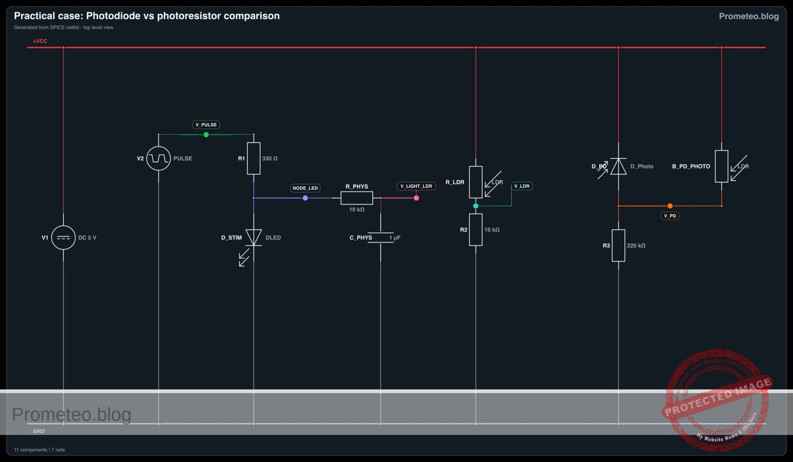 Electrical diagram for case: Practical case: Photodiode vs photoresistor comparison