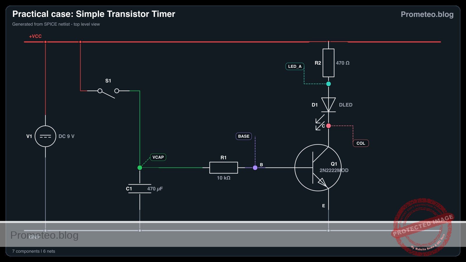 Diagrama electrico del caso: Temporizador simple con transistor