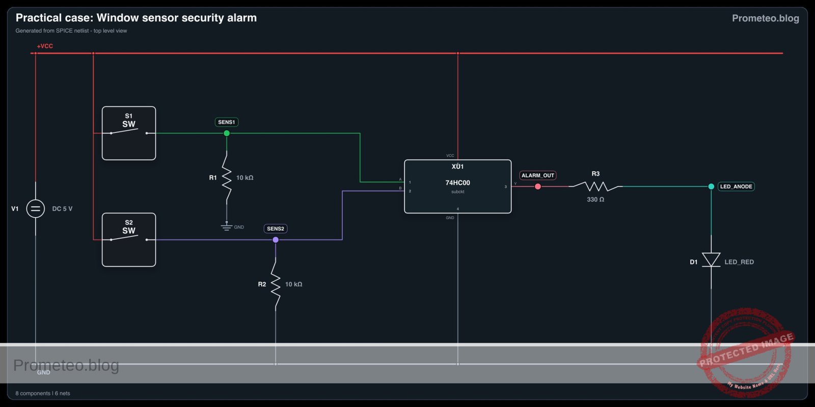 Electrical diagram for case: Window sensor security alarm