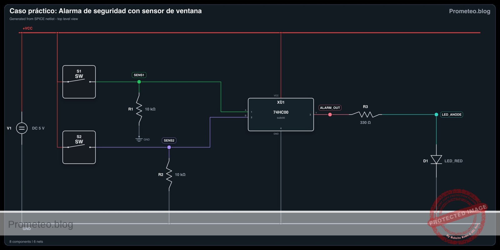 Diagrama eléctrico del caso: Alarma de seguridad con sensor de ventana