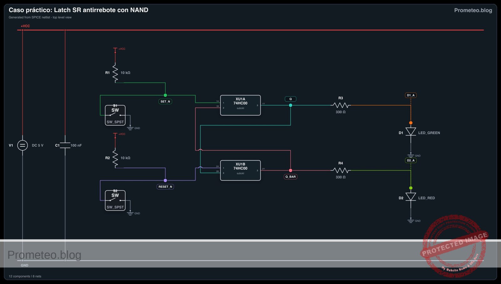 Diagrama eléctrico del caso: Latch SR antirrebote con NAND