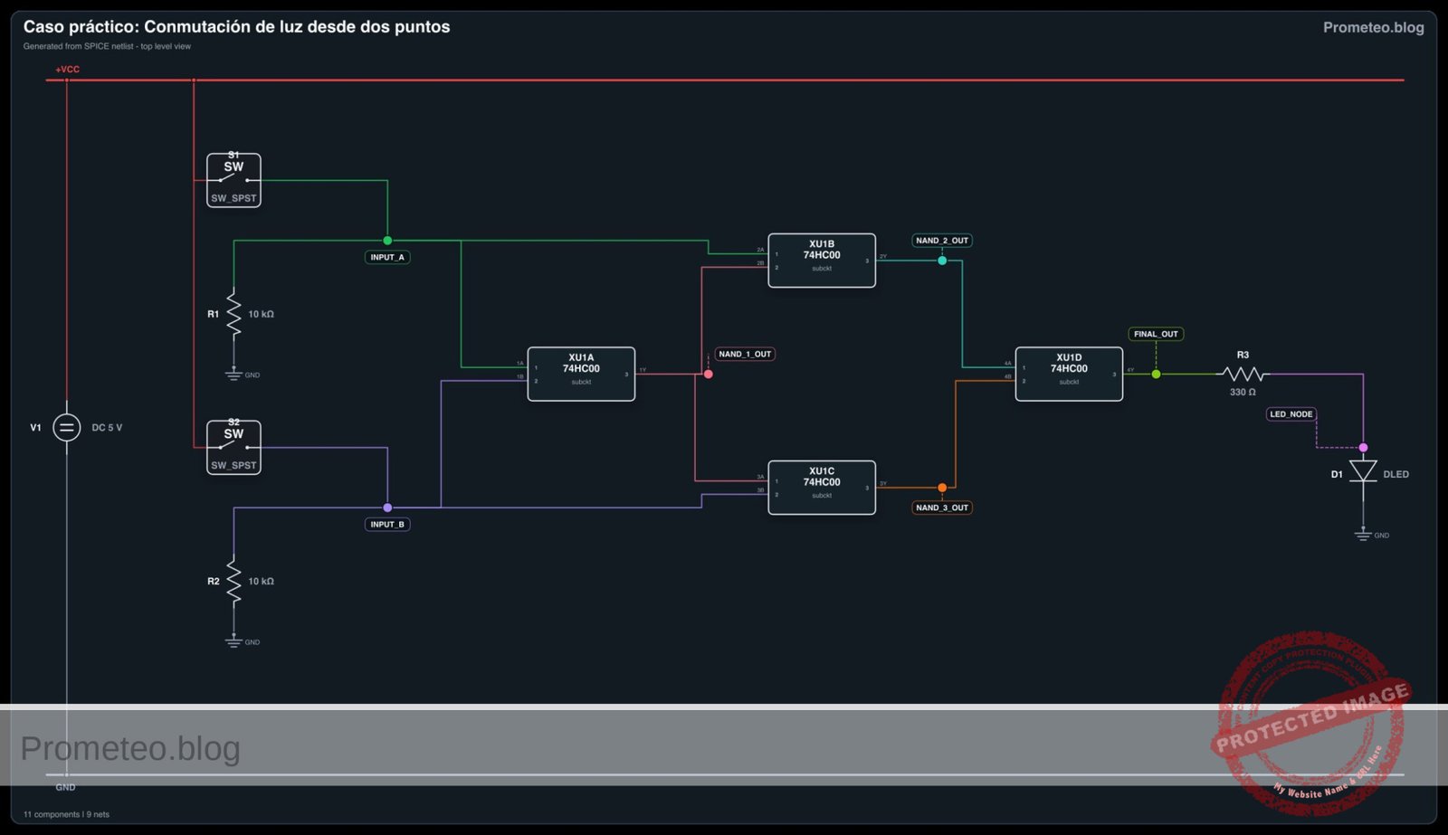 Diagrama eléctrico del caso: Conmutación de luz desde dos puntos