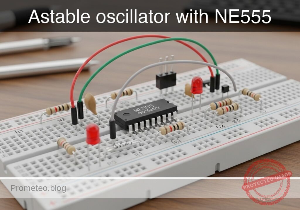 Astable oscillator with NE555 prototype (Maker Style)