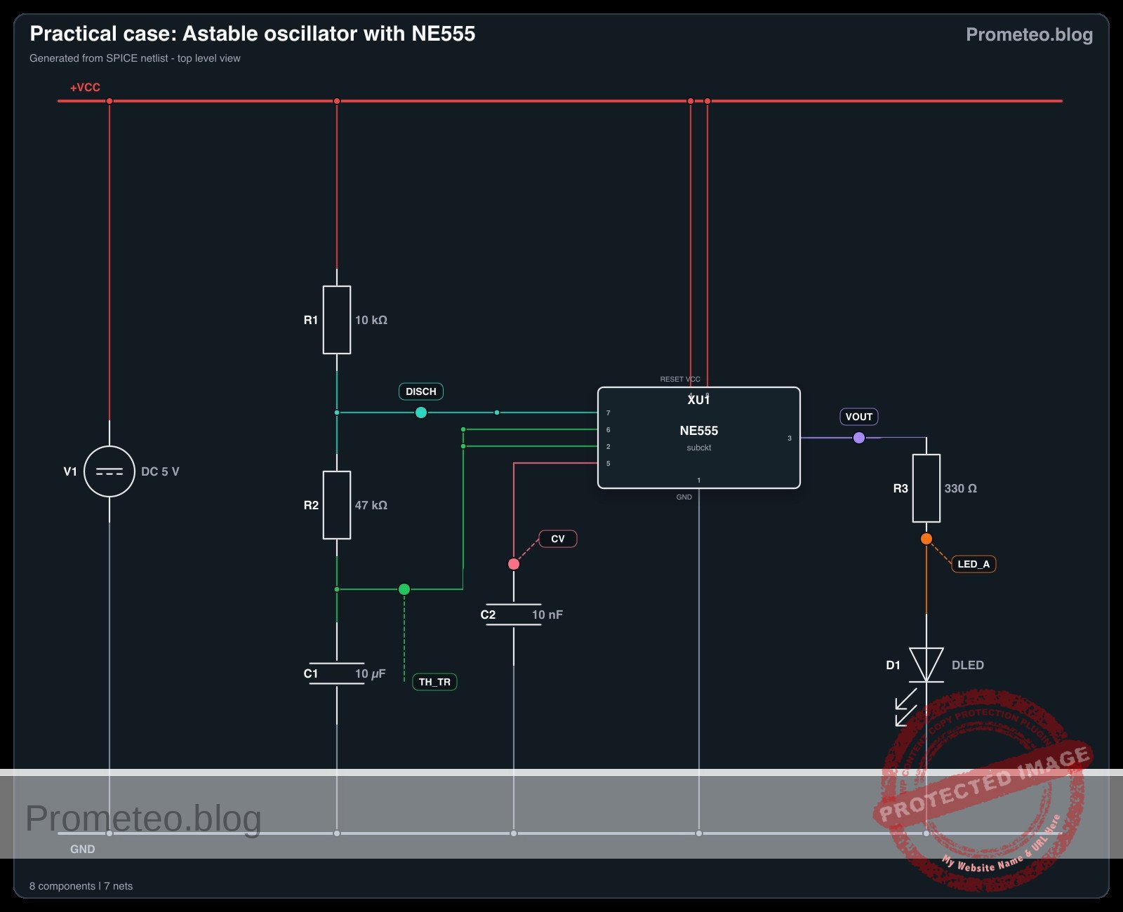 Diagrama electrico del caso: Oscilador astable con NE555