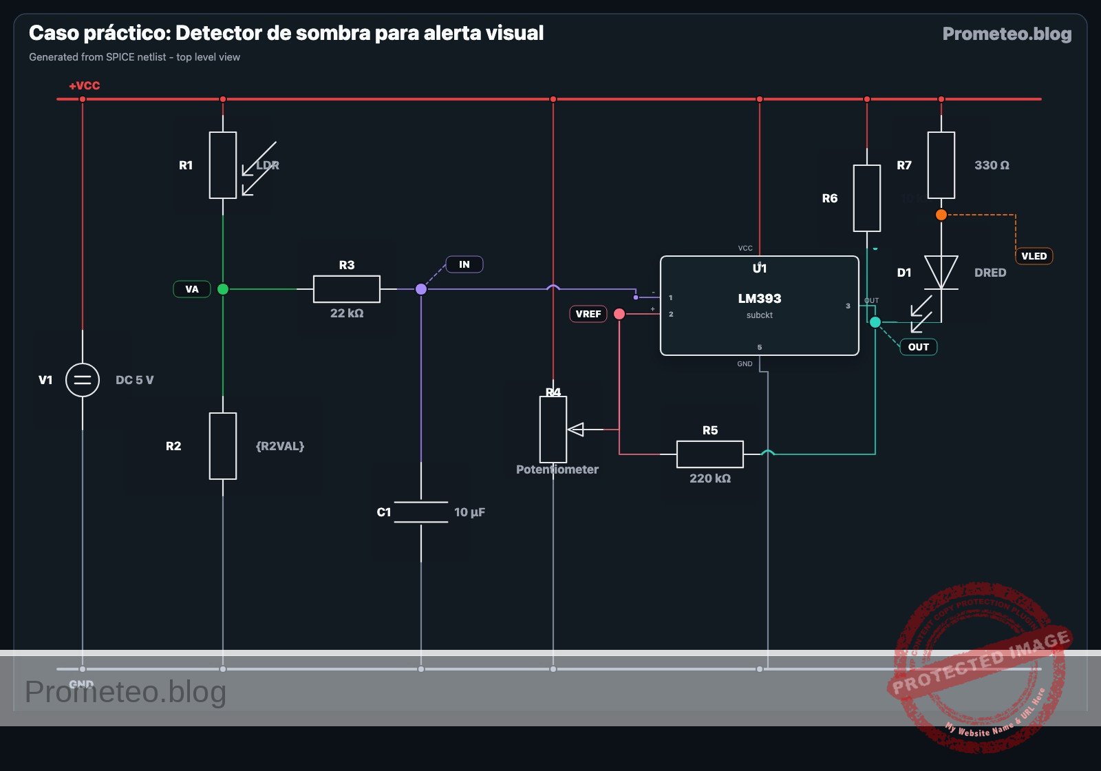 Diagrama eléctrico del caso detector de sombra para alerta visual