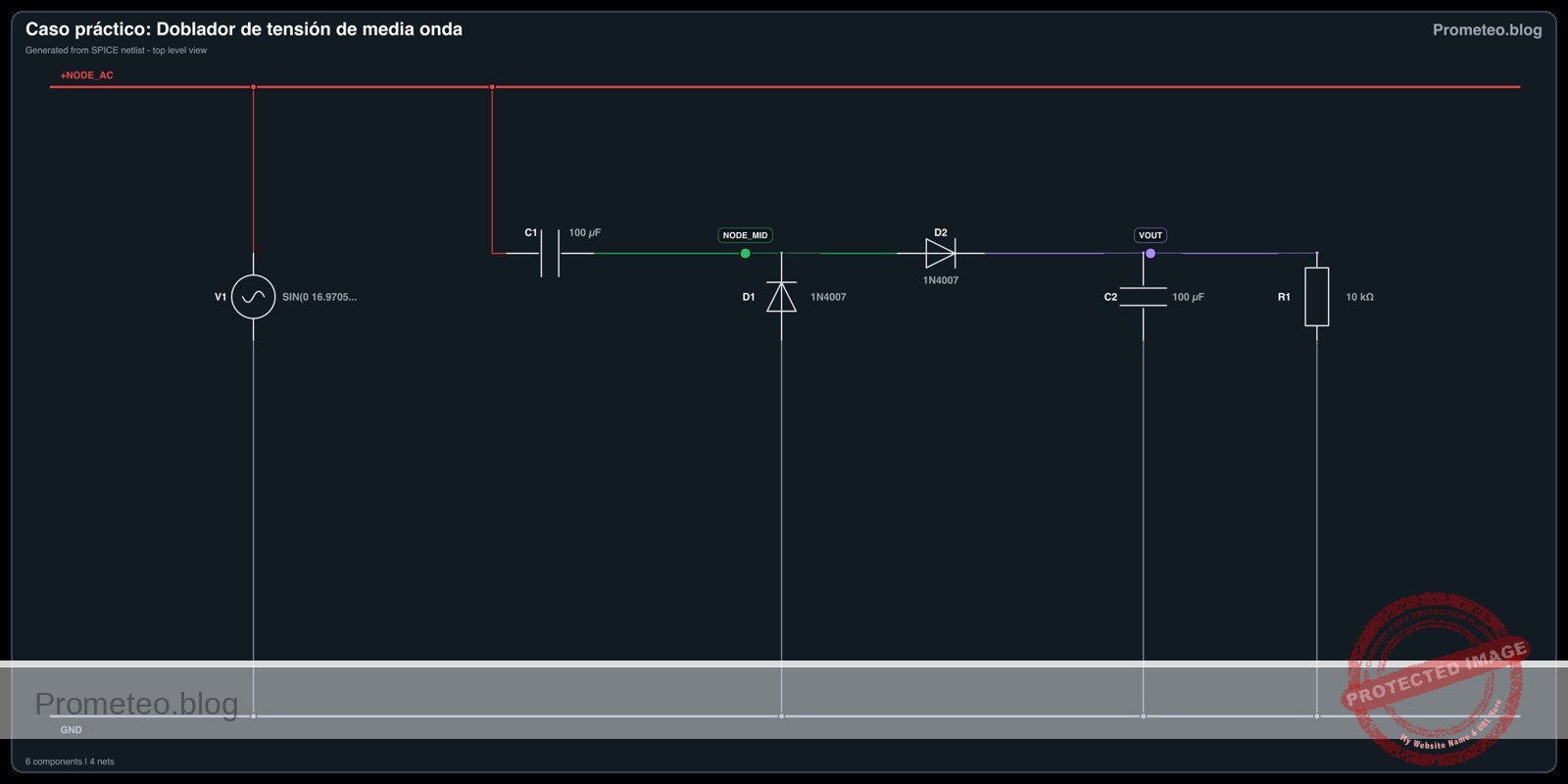 Diagrama eléctrico del caso: Doblador de tensión de media onda