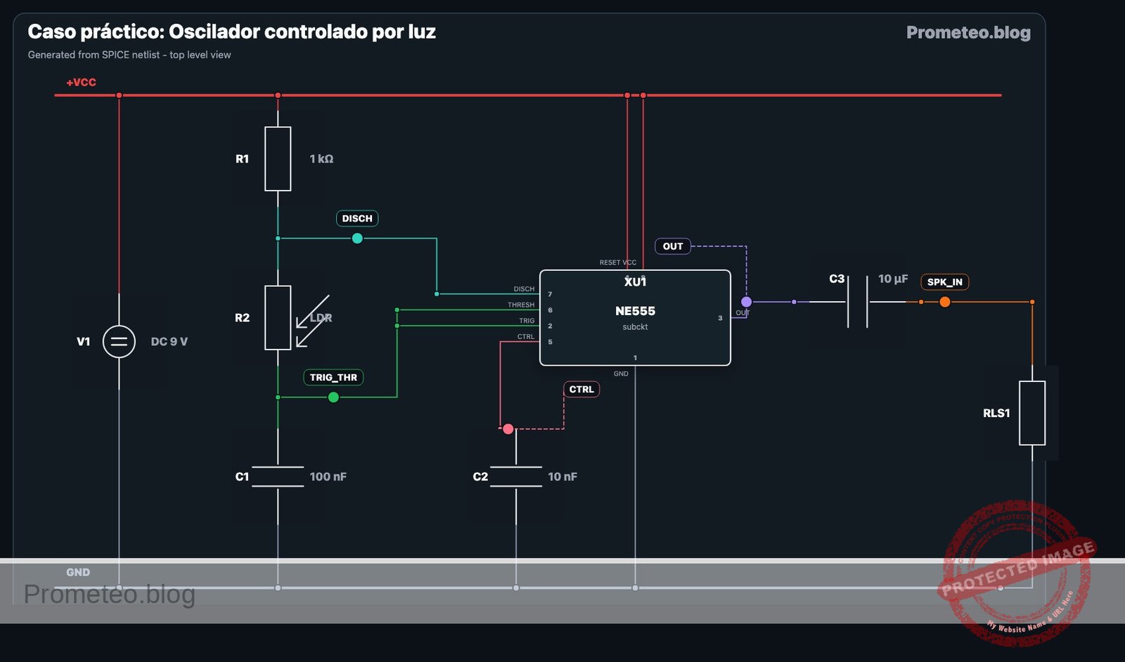 Diagrama eléctrico del caso: Oscilador controlado por luz