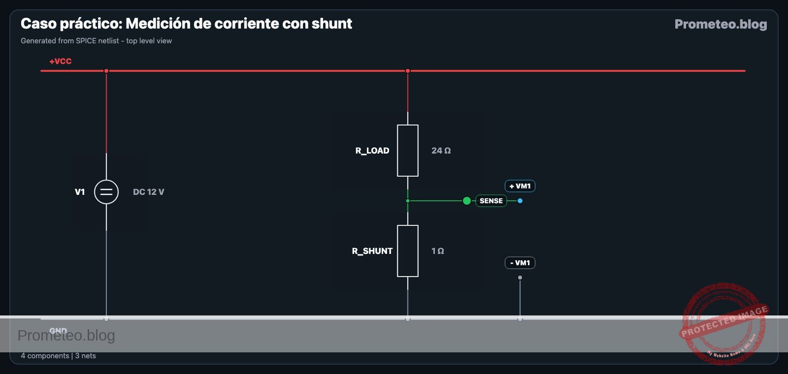 Diagrama eléctrico de medición de corriente con shunt