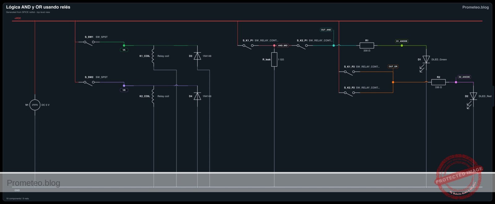 Diagrama eléctrico del caso: Lógica AND y OR usando relés