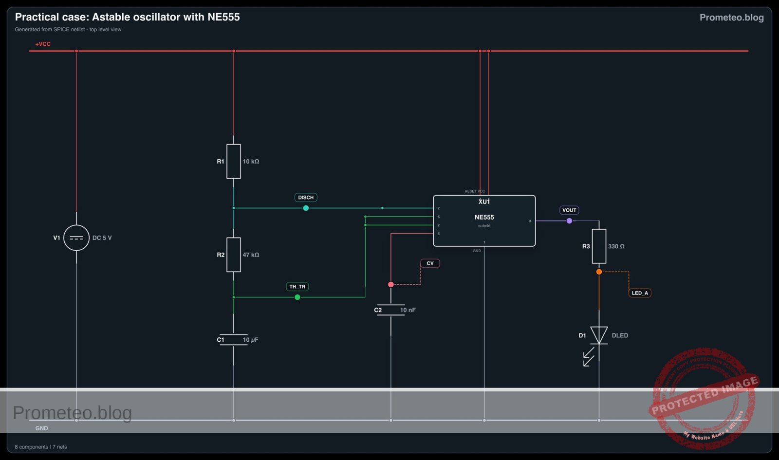 Electrical diagram for case: Practical case: astable oscillator with NE555