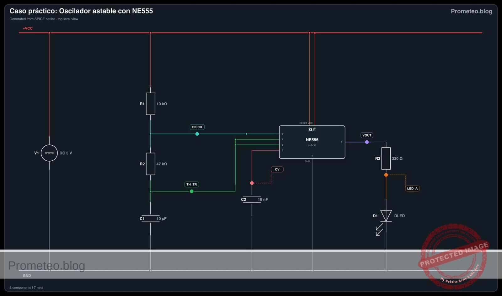 Diagrama electrico del caso: Caso práctico: oscilador astable con NE555