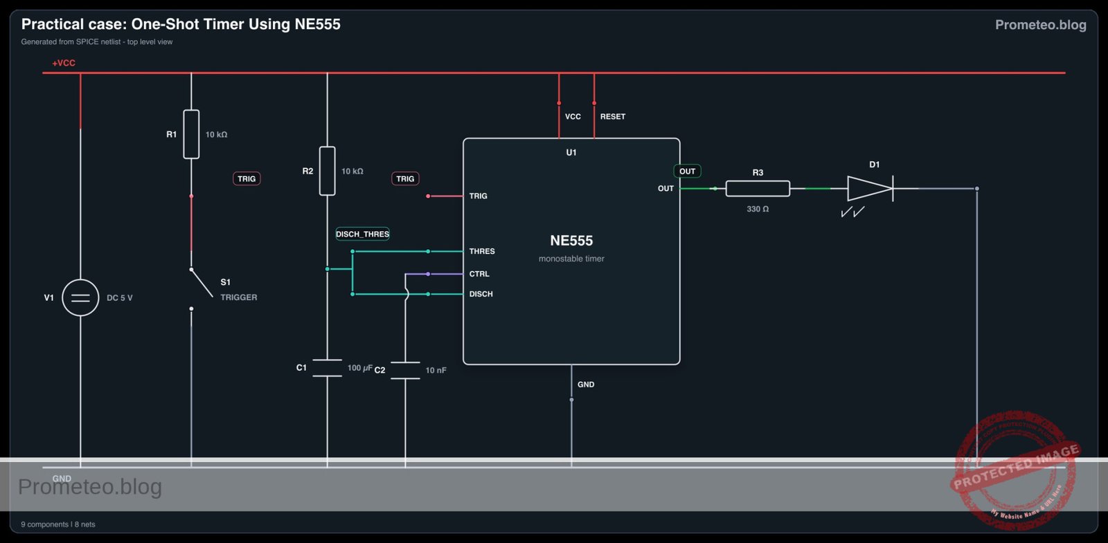 Electrical diagram for case: Practical case: One-Shot Timer Using NE555