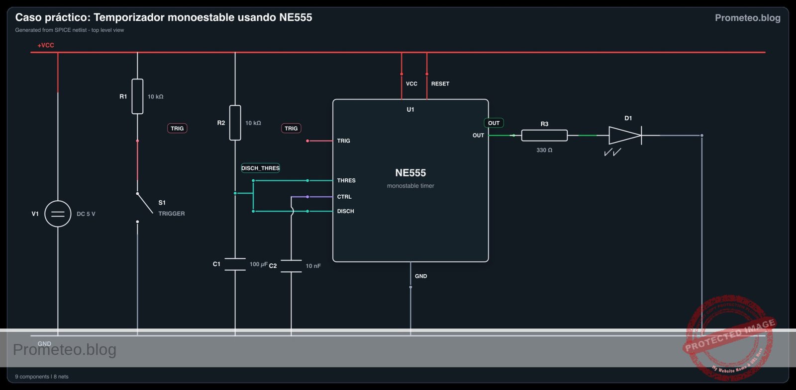 Diagrama electrico del caso: Caso práctico: Temporizador monostable usando NE555