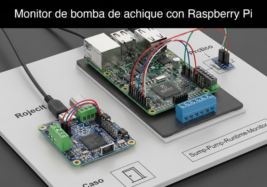 Raspberry Pi connected to a microcontroller board with jumpers and terminal blocks on a lab board labeled 'Sump-Pump-Runtime-Monitor', monitoring bilge pump runtime.