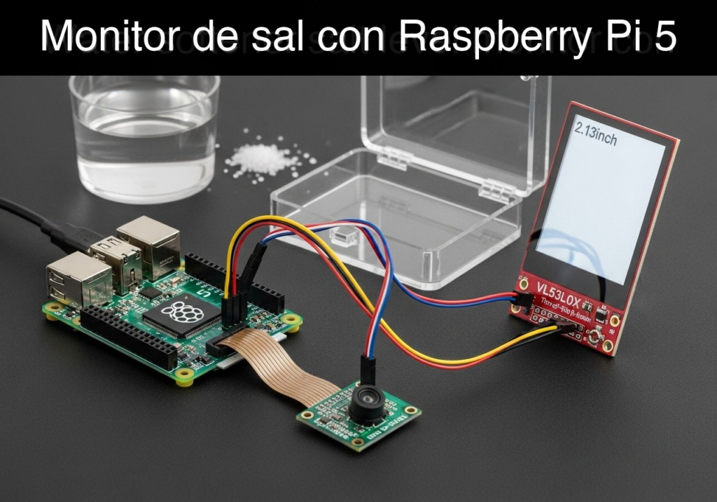 Raspberry Pi 5 connected to a small sensor board and a 2.13-inch OLED display via a ribbon cable; a beaker of water and a pile of salt sit in the background, illustrating a salt-monitor project.