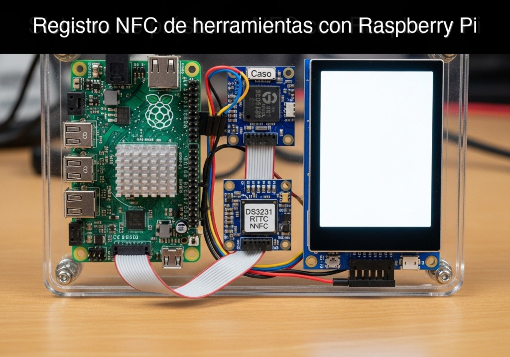 Raspberry Pi inside a clear case connected to a small LCD screen and RTC module, forming a hardware prototype.