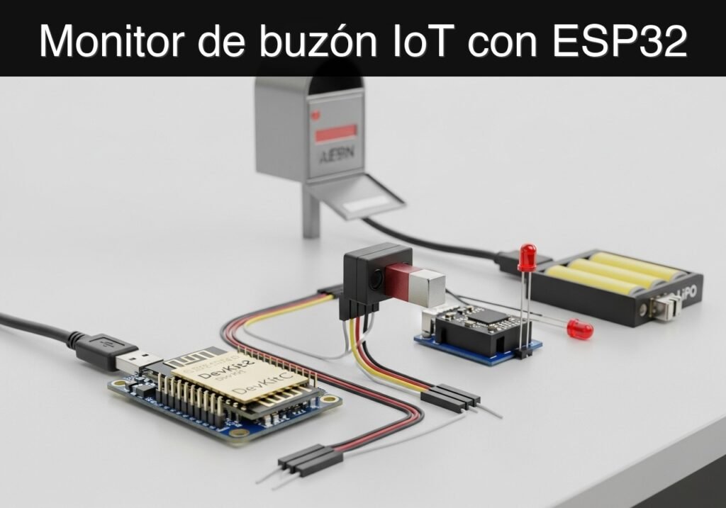 Caso práctico: Monitor de buzón IoT con ESP32 — ESP32 con reed switch, imán y módulo LiPo para detectar apertura de buzón